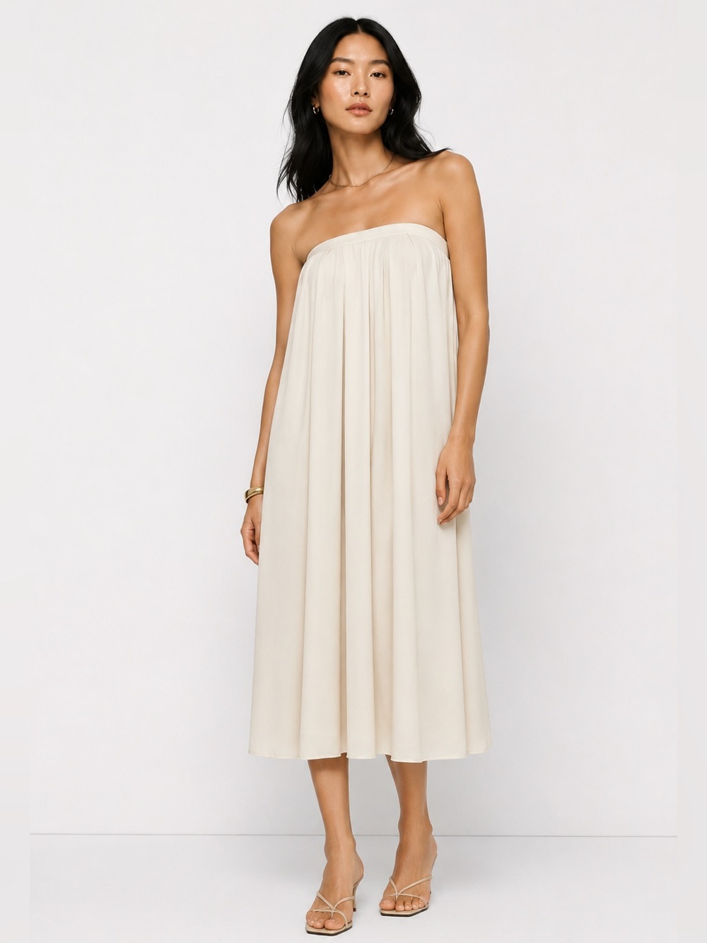 MNG Cream Strapless Midi Dress Size 4 Minimalist Draped Goddess Flowy NWT